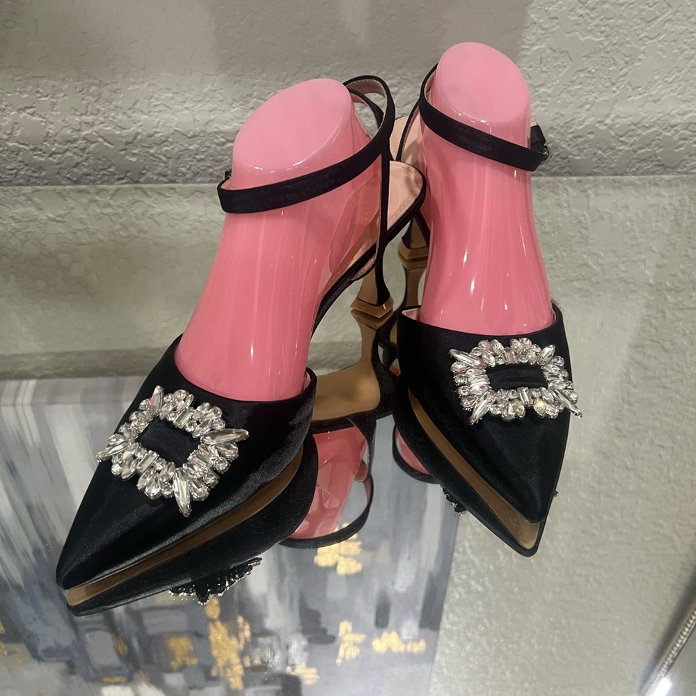 Elegant Black Satin Women Shoes with Crystal Embellishments